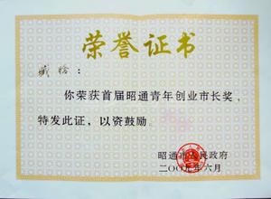 首届昭通青年创业市长奖证书